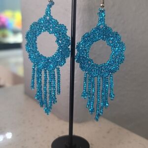 Huichol Handmade Chic Turquoise Beaded Hoop Earrings